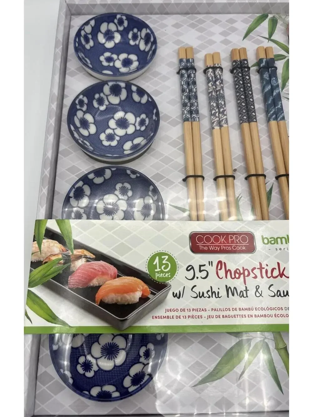 Cook Pro Chopstick Set w/ Sushi Mat & Sauce Dishes, 13 Pieces/9.5” Bamboo Series